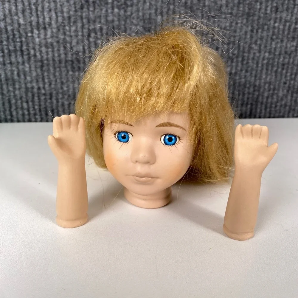 Porcelain Doll Head and Arms Set Blonde Hair Blue Eyes Doll Making Parts 3.5in